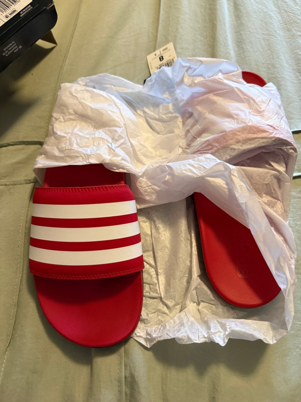 NWT & Box Adidas Red Unisex Slide Sandals with White Stripes
